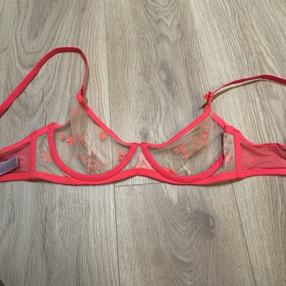NWT Savage Fenty Foiled Sprigs Neon Hot Pink Sheer Embroidered Unlined Bra 36C - Picture 6 of 9